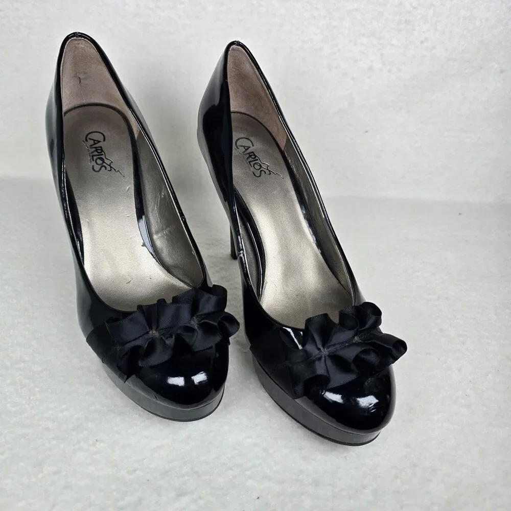 Carlos Santana Black Patent Leather Stiletto Heels Ruffle Classy 6.5 Priceless - Picture 2 of 8